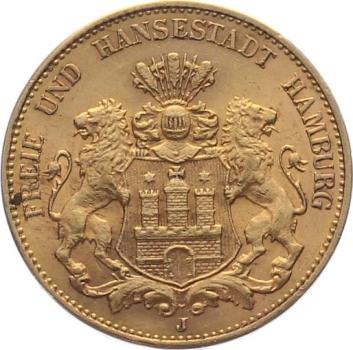 Hamburg 20 Mark 1913 J - Stadtwappen mit Schildhalter